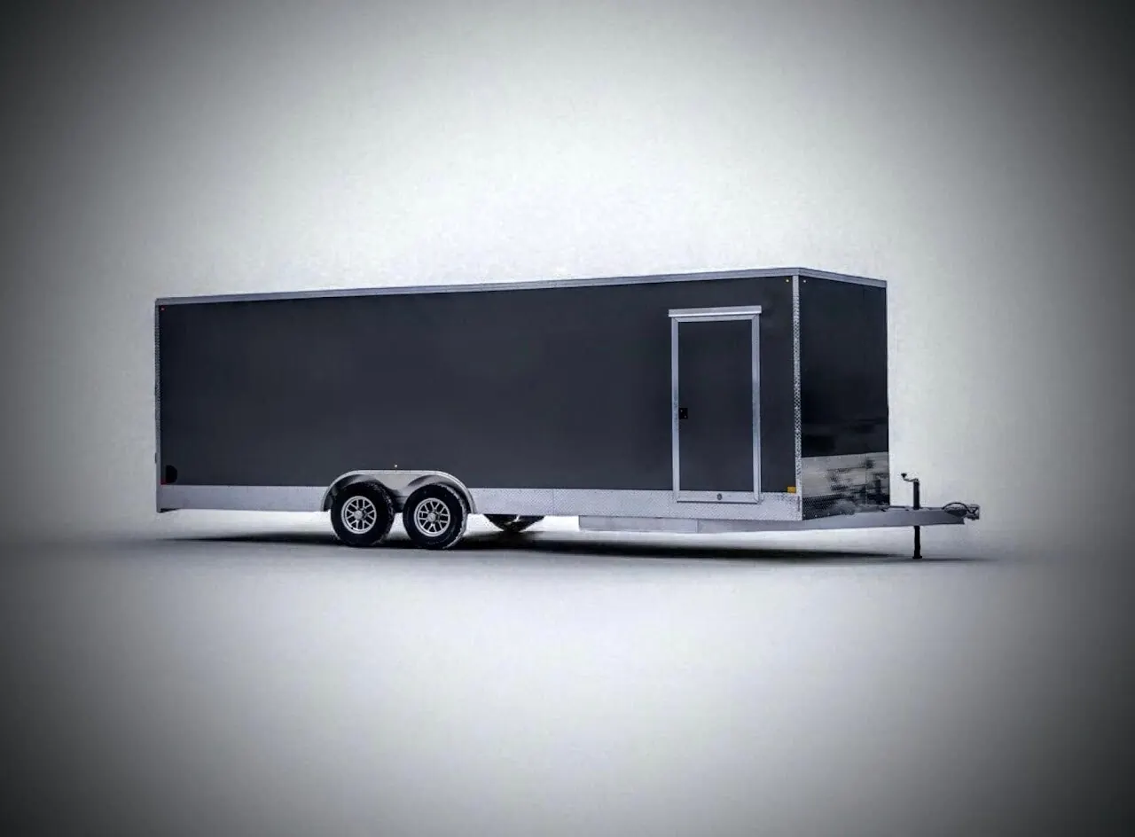 Black aluminum car hauler with ramp door
